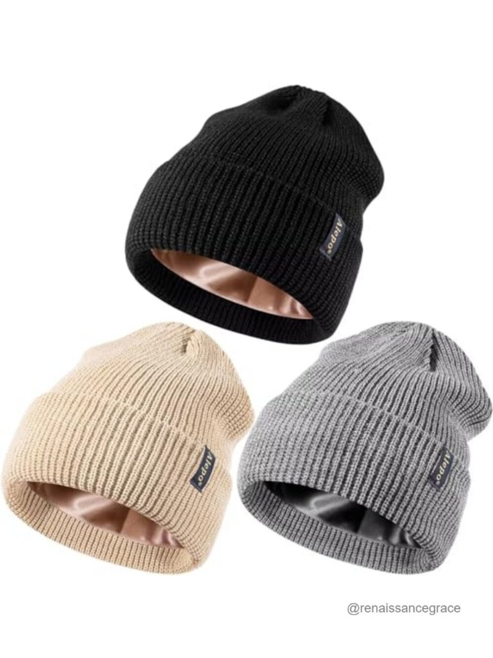 Satin Lined Beanie 3 Pack for Women Men Cold Weather Warm Cable Knit Skull Cap